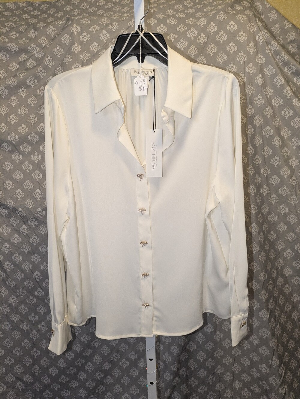 NWT Rachel Zoe Ivory Satin-Feel Blouse with Rhinestone Bow Buttons - Size L